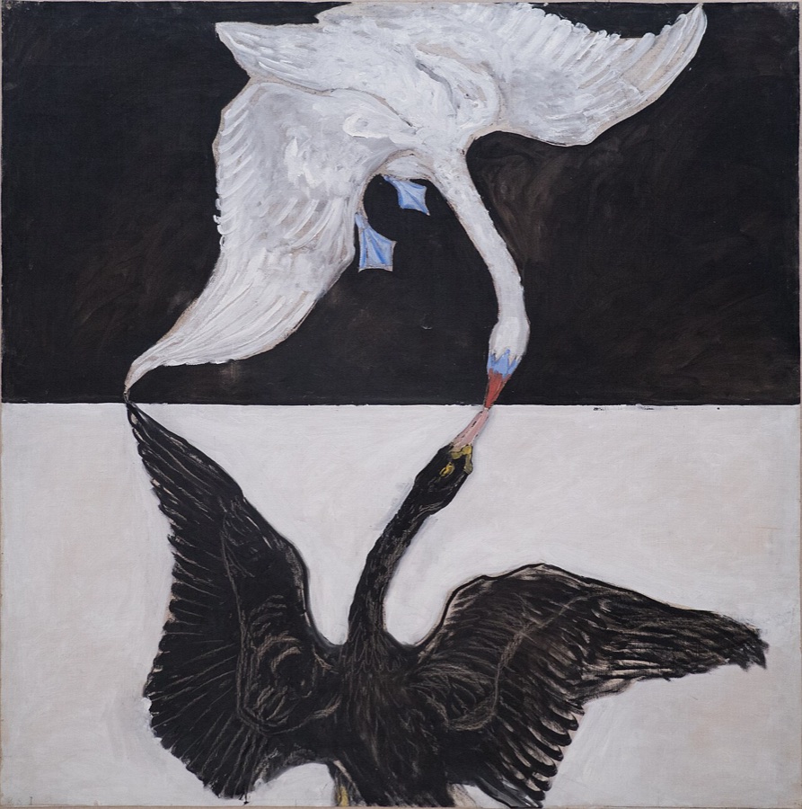 Hilma af Klint, The Swan, No. 1, 1915: two mirrored swans, one black and one white, on a divided ground