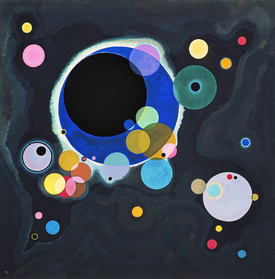 Wassily Kandinsky, Several Circles, 1926: translucent circles of many colours on a dark ground