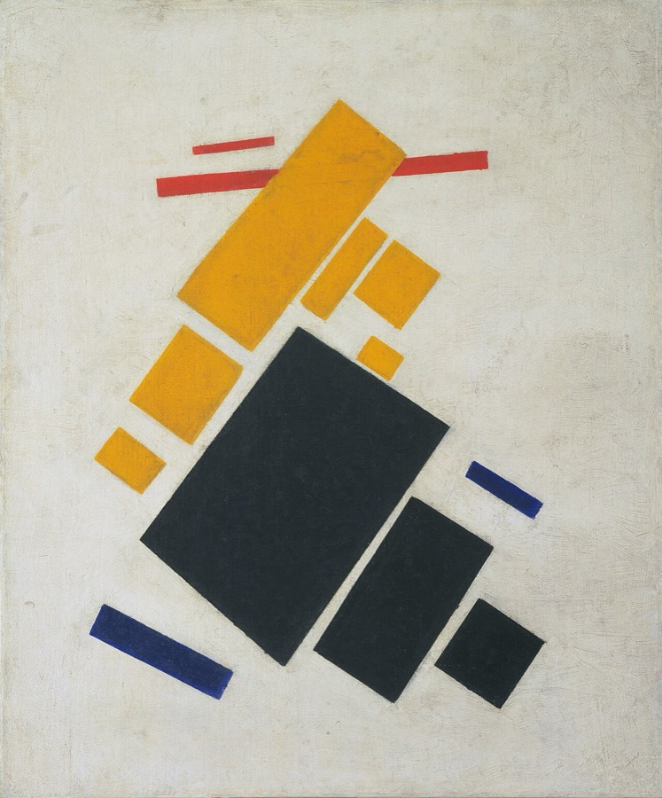 Kazimir Malevich, Suprematist Composition: Airplane Flying, 1915: flat rectangles of colour drifting diagonally on white